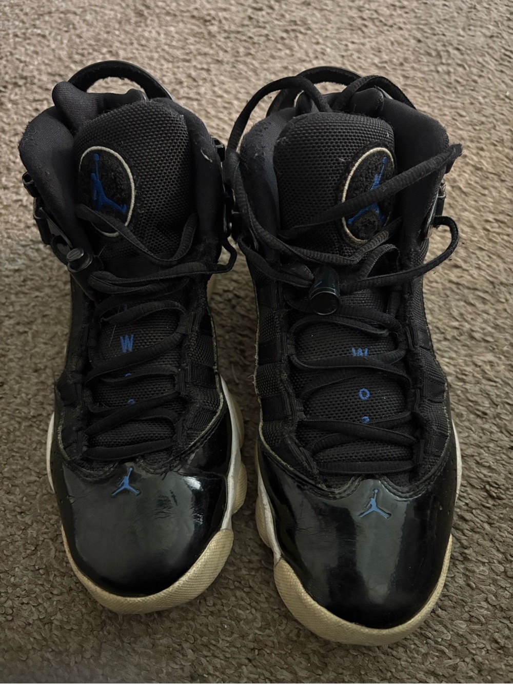 Jordan Kids Black and Blue High-Top Sneakers with Patent Toe